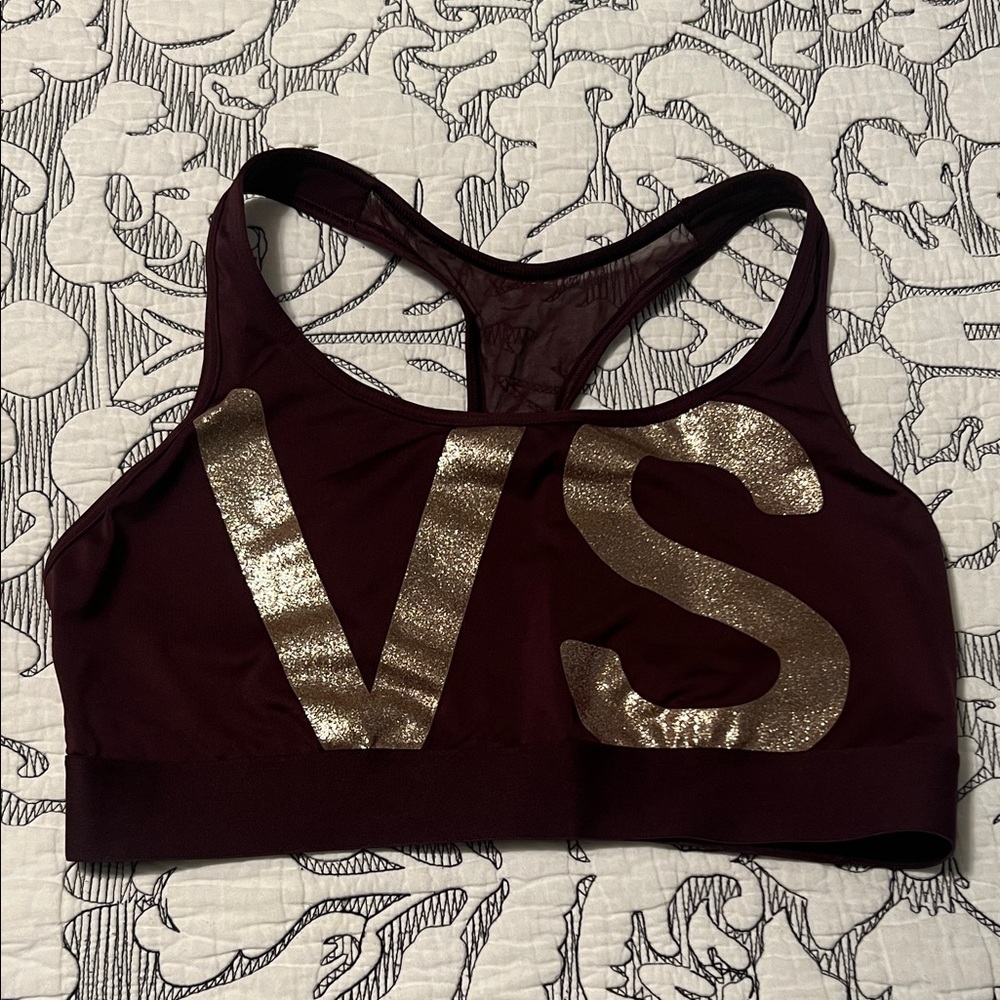 Women's VS Burgundy Sports Bra with Gold Accents